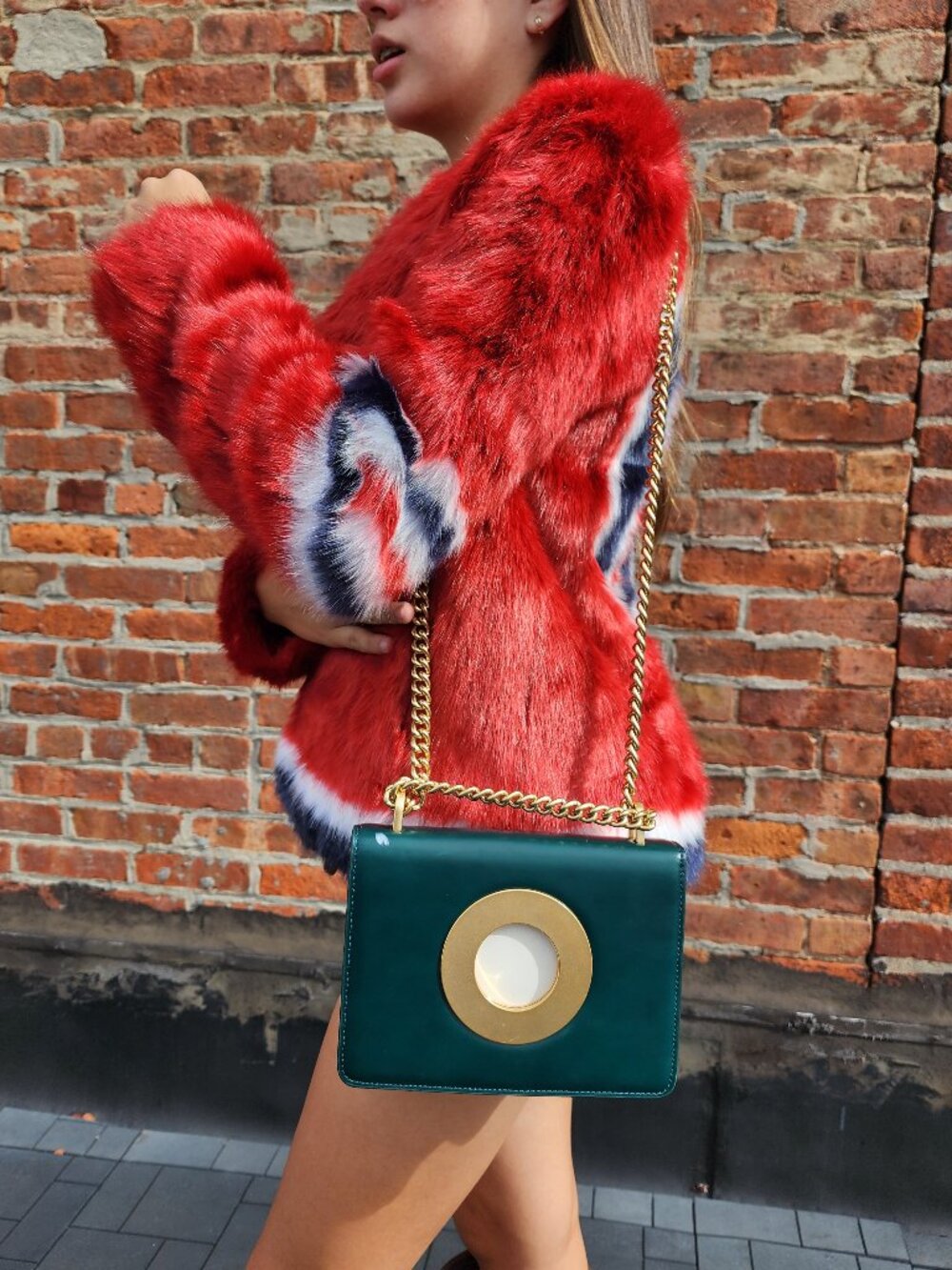 Yuul Yie Colorblock Emerald Green White Leather Circle Ring Chain Shoulder Bag